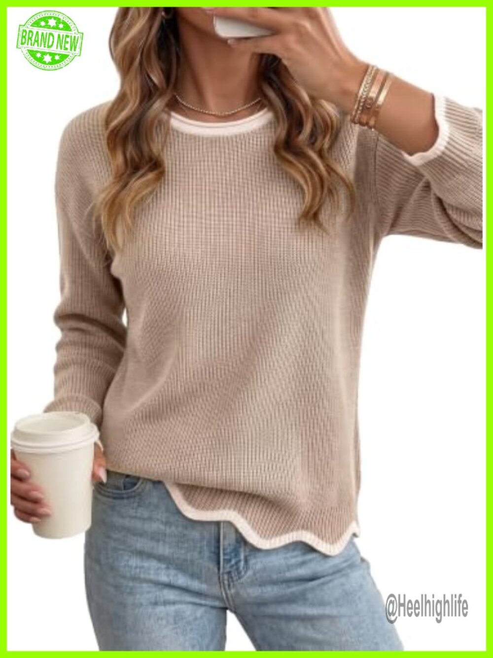 Scalloped Hem Crewneck Sweater Pullover Long Sleeve Knit